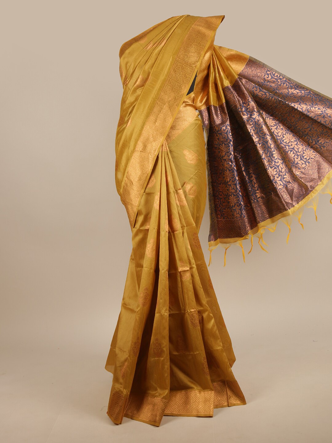 

Pothys Mustard & Grey Floral Jute Silk Saree