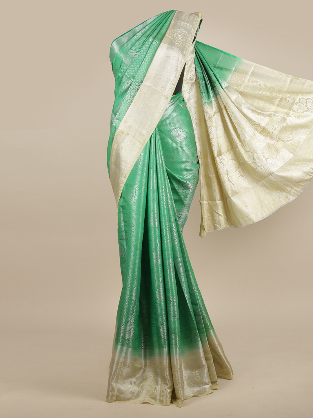 

Pothys Green & Silver-Toned Floral Zari Jute Silk Saree