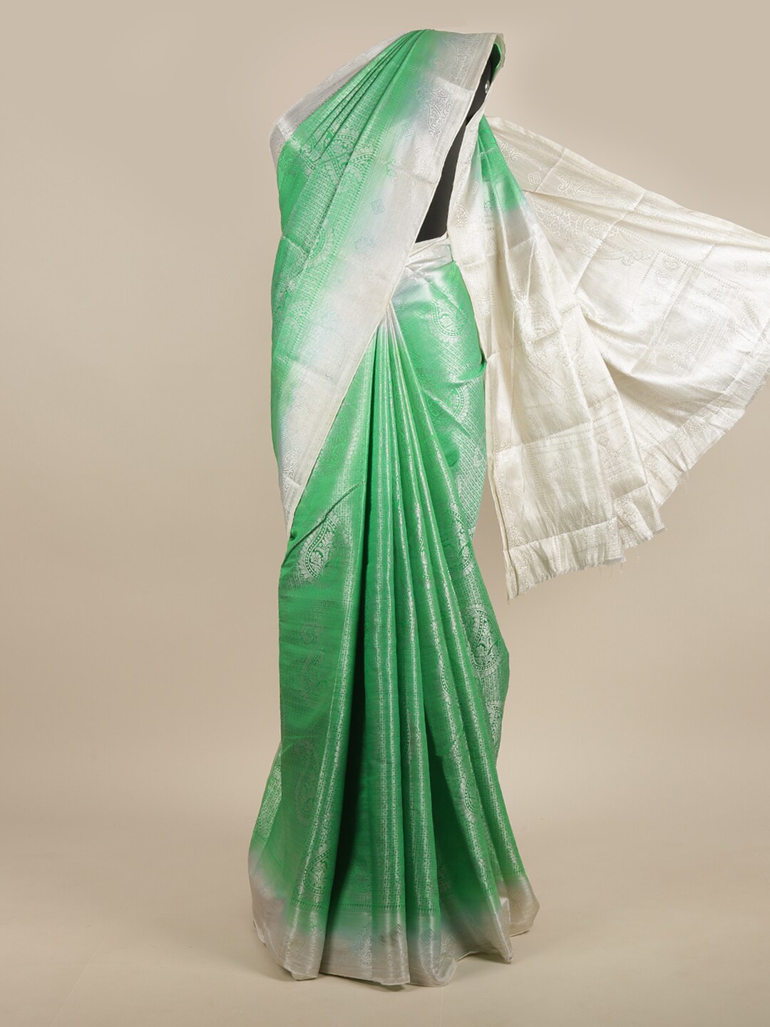 

Pothys Green & White Woven Design Zari Jute Silk Saree