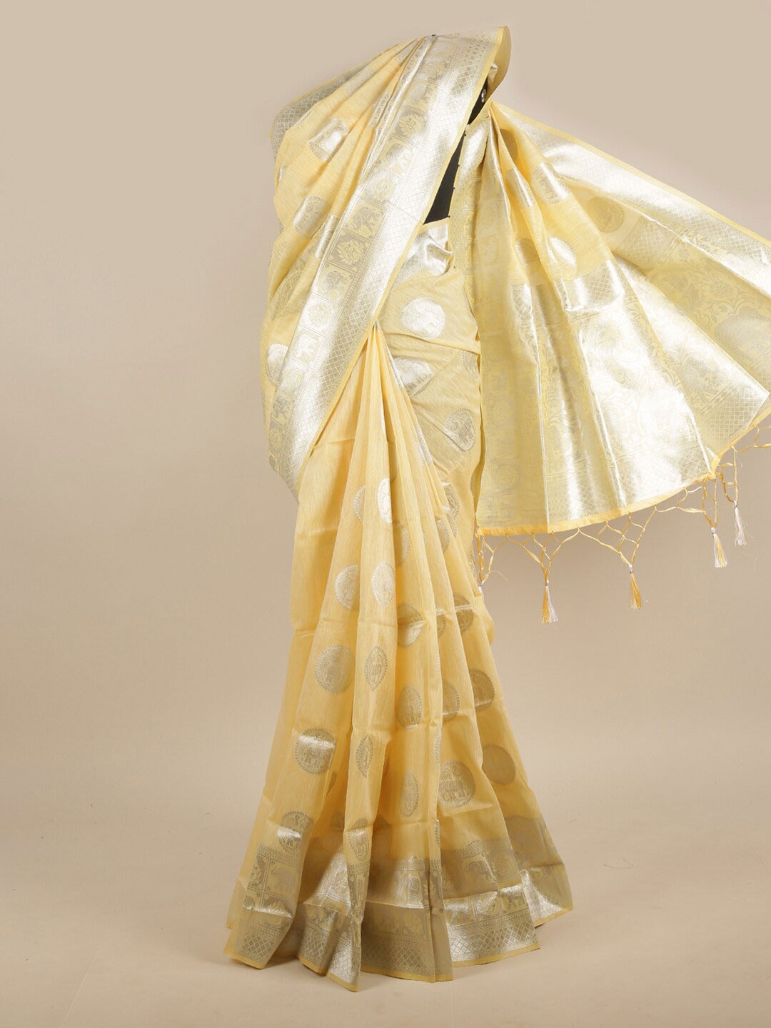 

Pothys Yellow & Silver-Toned Ethnic Motifs Zari Jute Silk Saree