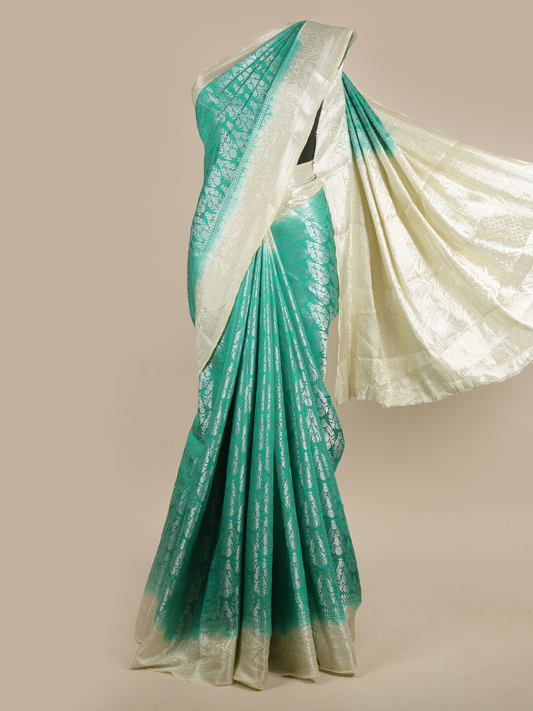 

Pothys Green & White Ethnic Motifs Zari Jute Silk Saree