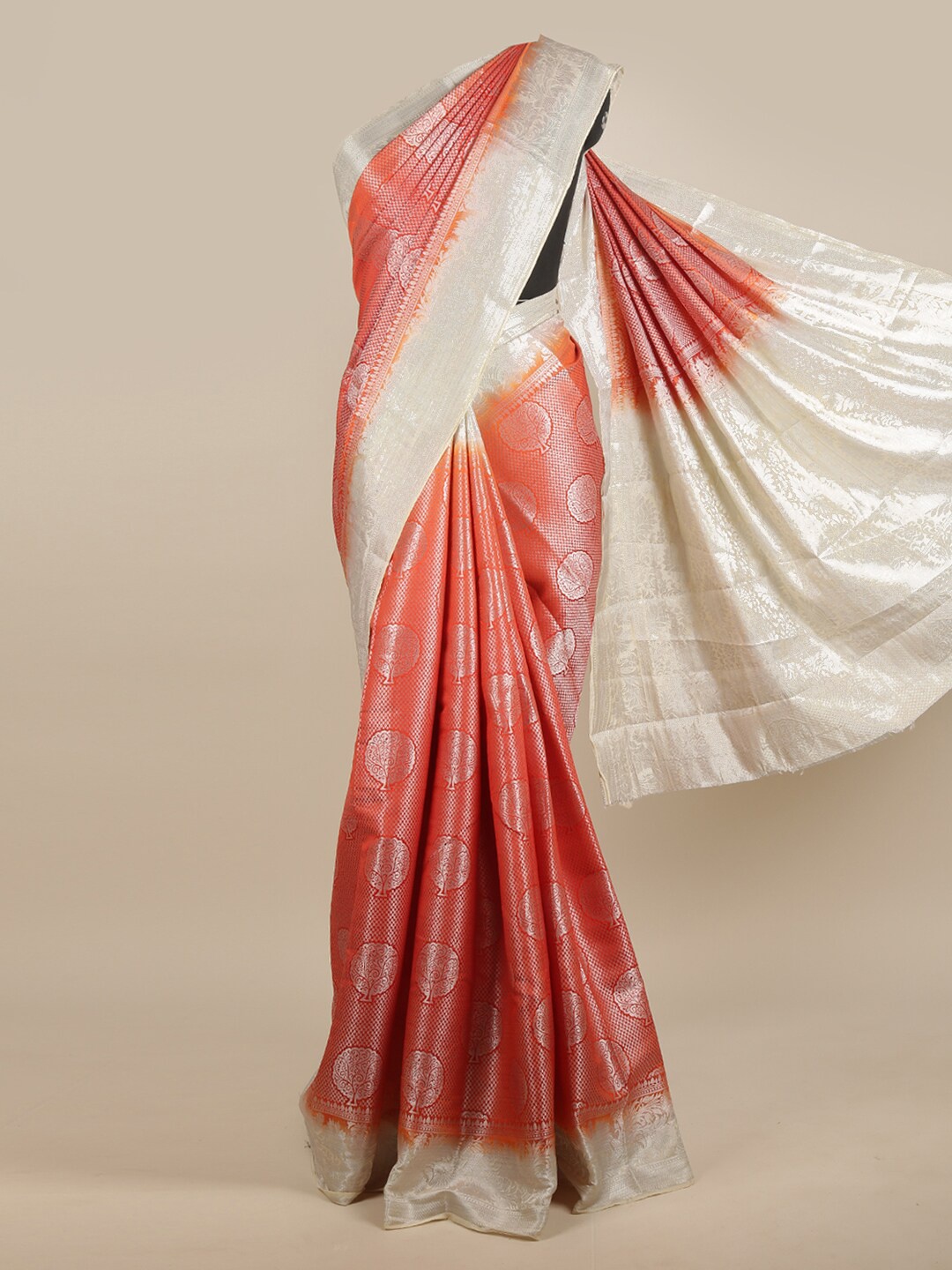 

Pothys Orange & Silver-Toned Ethnic Motifs Zari Jute Silk Saree