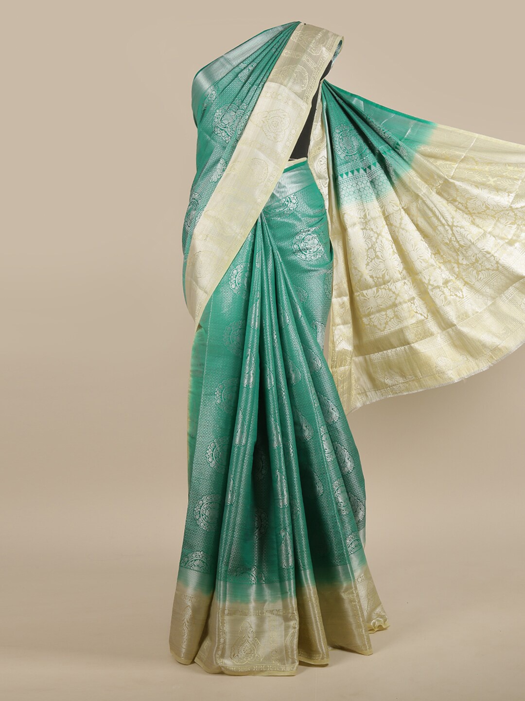 

Pothys Sea Green & Silver-Toned Woven Design Zari Jute Silk Saree