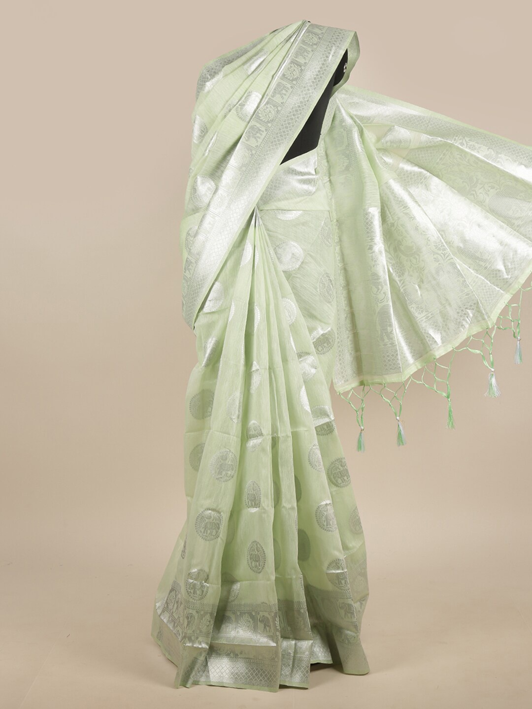 

Pothys Green & Silver-Toned Ethnic Motifs Zari Jute Silk Saree