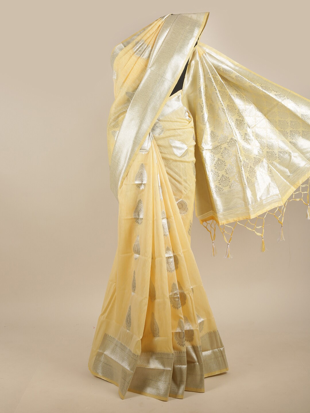 

Pothys Yellow & Silver-Toned Floral Zari Jute Silk Saree