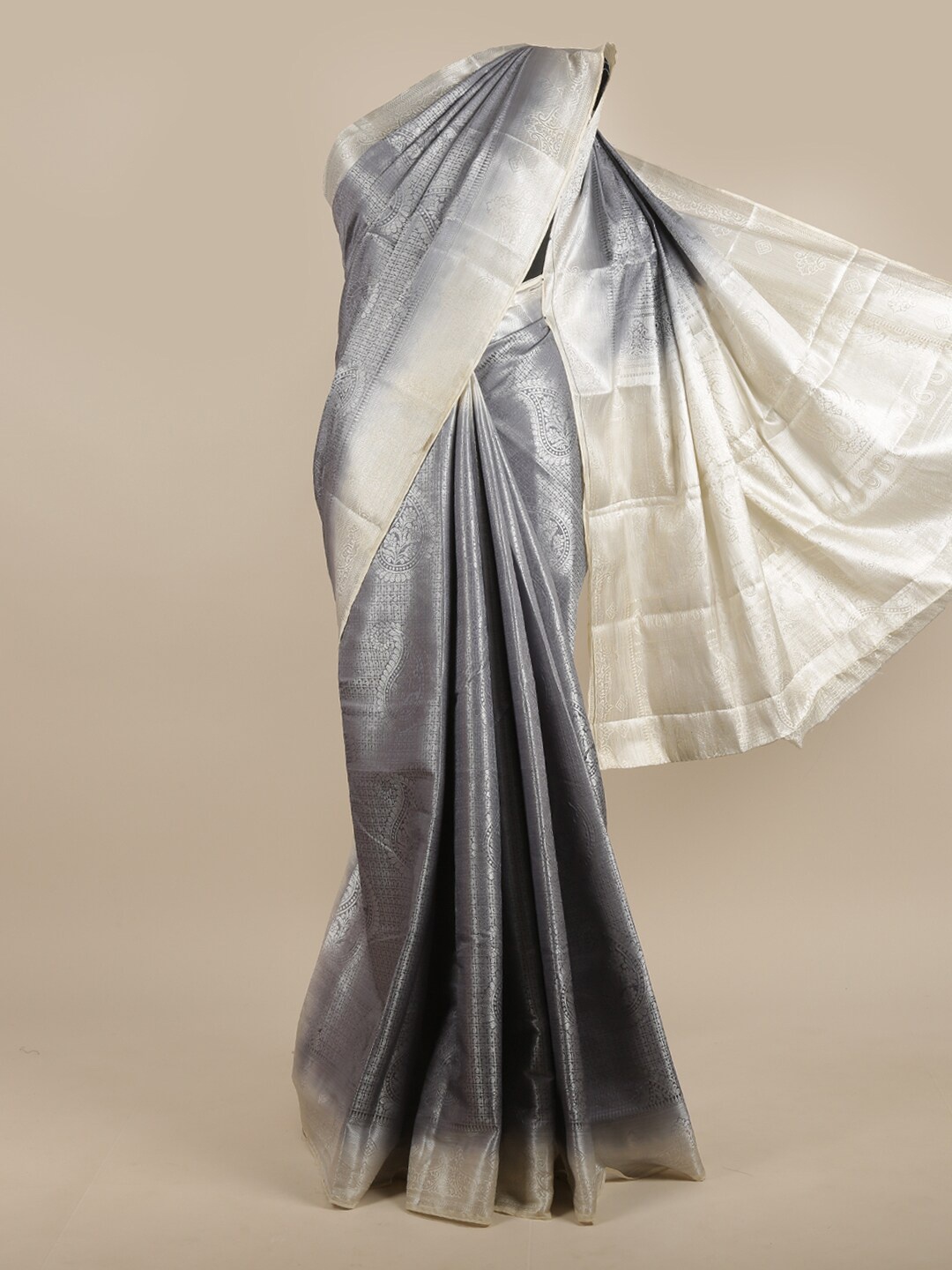

Pothys Grey & Silver-Toned Woven Design Zari Jute Silk Saree
