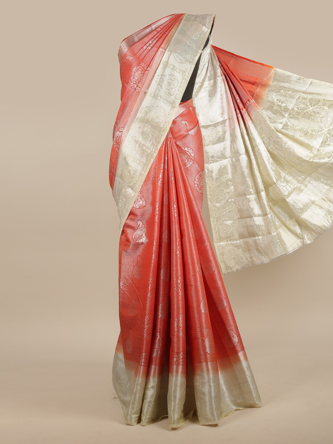 

Pothys Red & Silver-Toned Ethnic Motifs Zari Jute Silk Saree