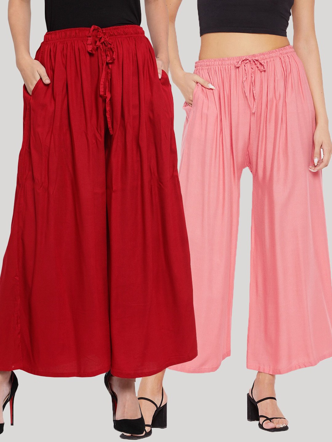 

Clora Creation Women Pack Of 2 Red & Pink Flared Knitted Ethnic Palazzos