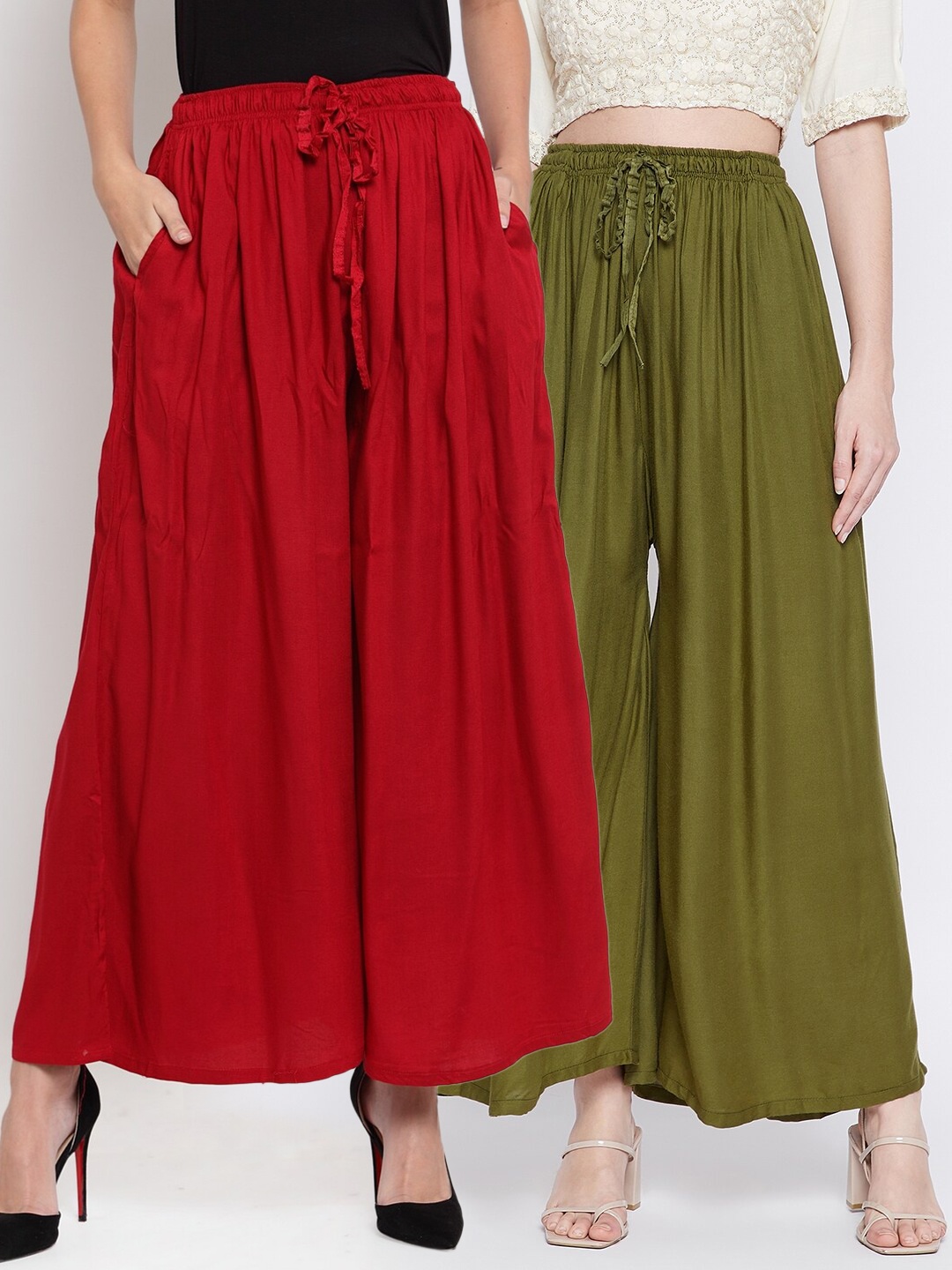 

Clora Creation Women Pack Of 2 Green & Red Flared Knitted Palazzos