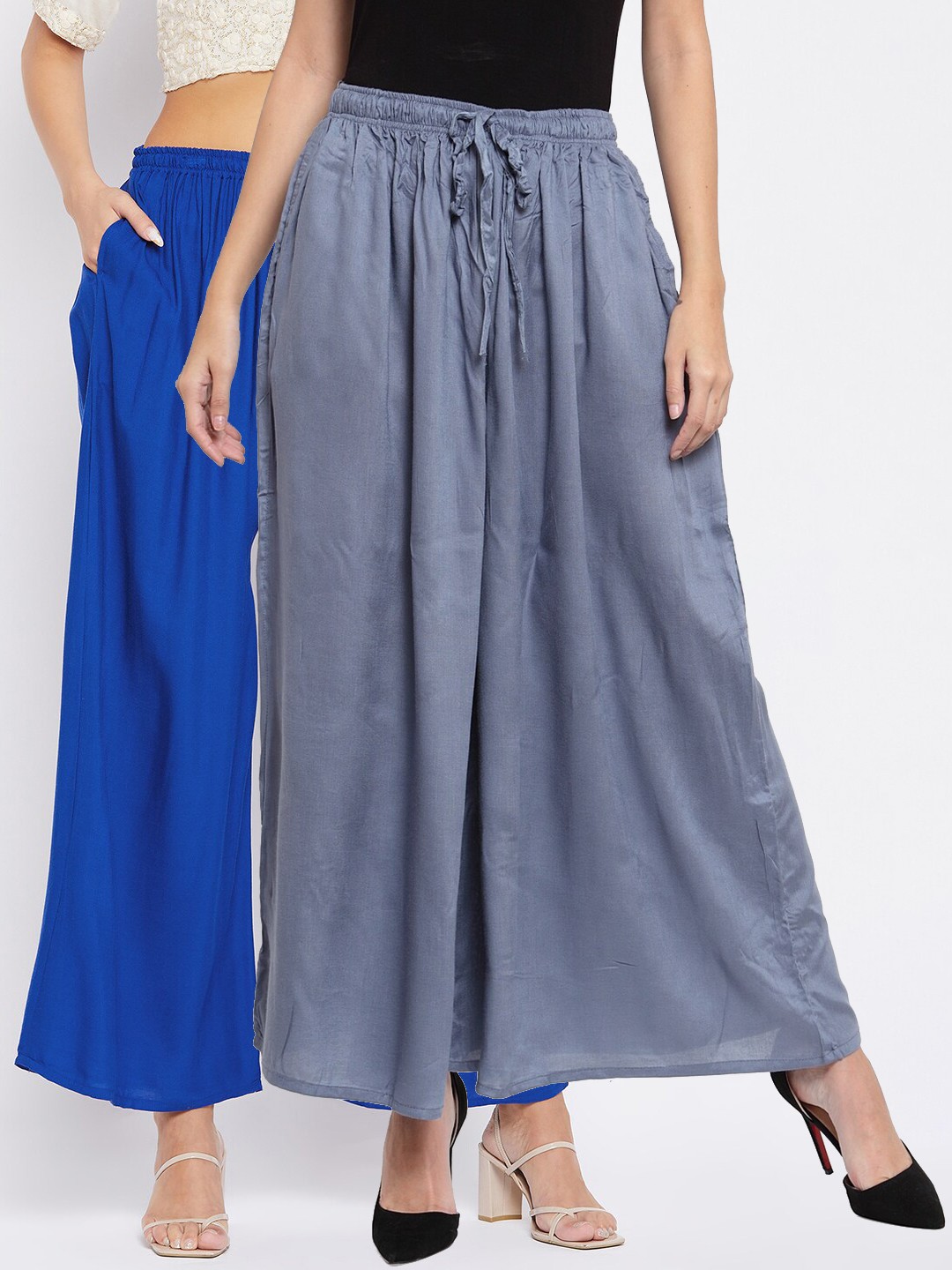 

Clora Creation Set Of 2 Women Blue & Grey Flared Knitted Palazzos