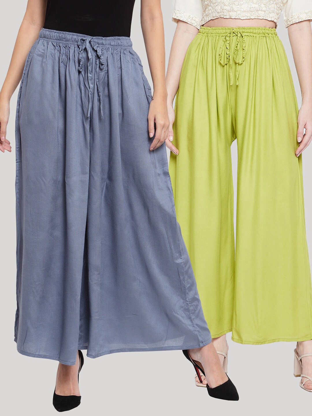 

Clora Creation Women Pack Of 2 Green & Grey Flared Knitted Palazzos