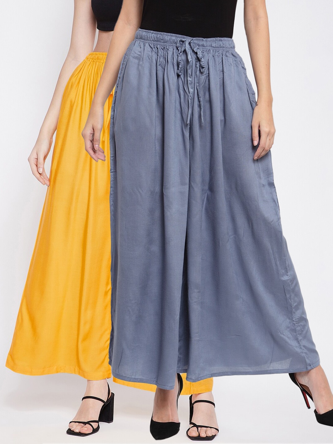 

Clora Creation Women Grey & Yellow Set of 2 Flared Knitted Palazzos
