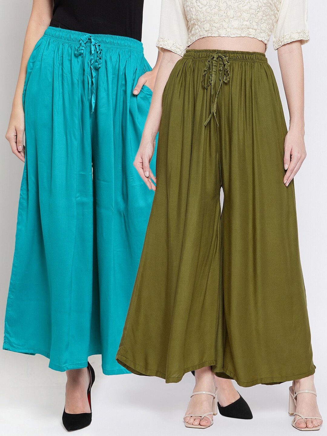 

Clora Creation Women Set Of 2 Flared Palazzos, Green