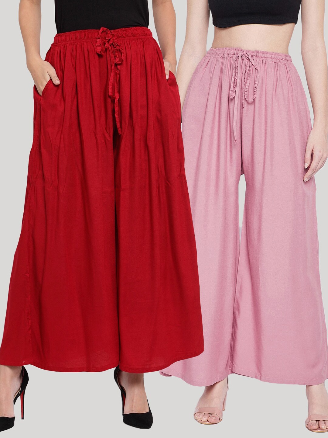 

Clora Creation Set Of 2 Women Pink & Maroon Flared Knitted Palazzos