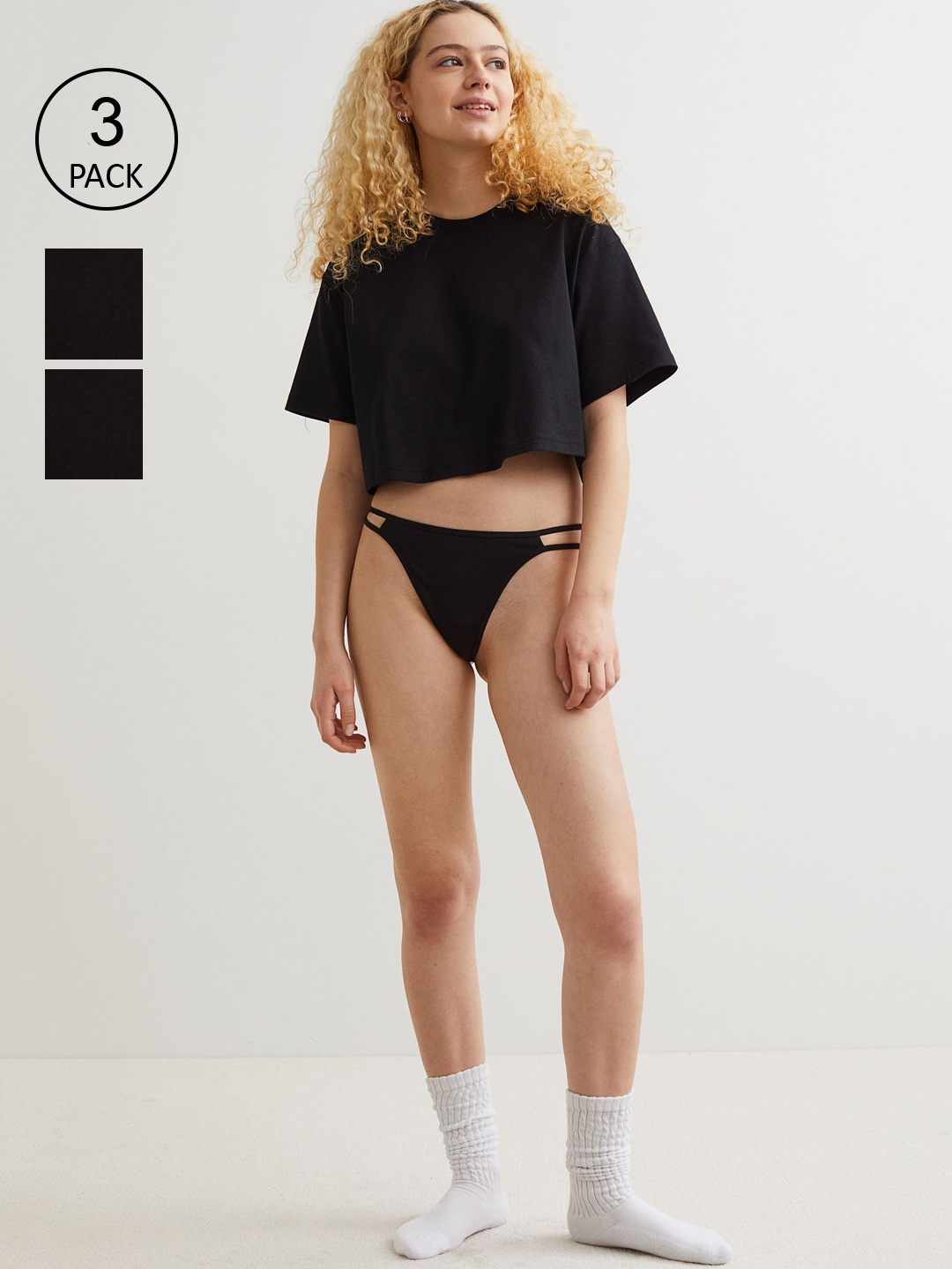 

H&M Women Pack Of 3 Black Solid Thong Briefs