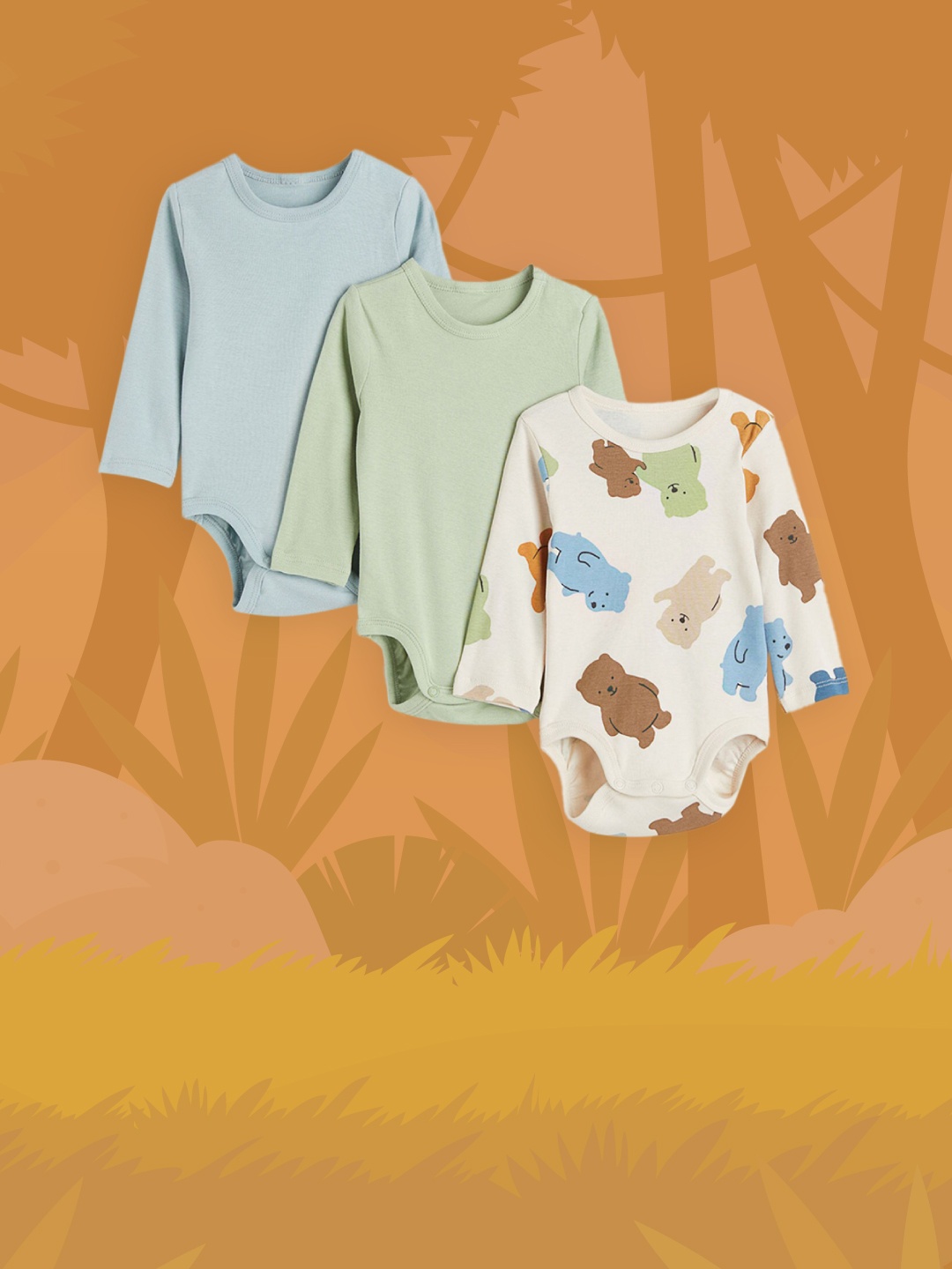 

H&M Boys Pack of 3 Green & Blue Cotton Bodysuits