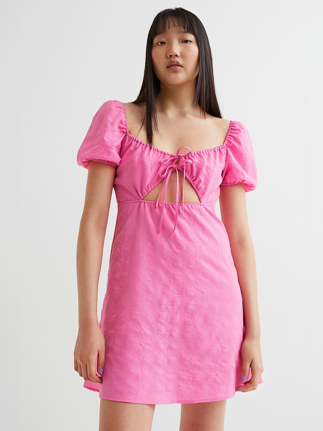 

H&M Women Pink Self Design Puff-sleeved Short Dress