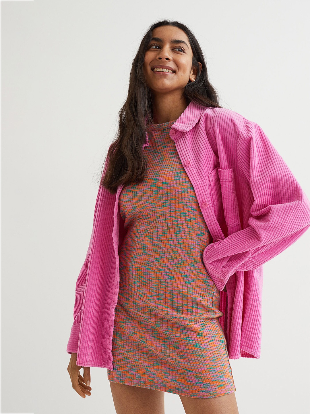

H&M Women Pink & Orange Rib-Knit Dress