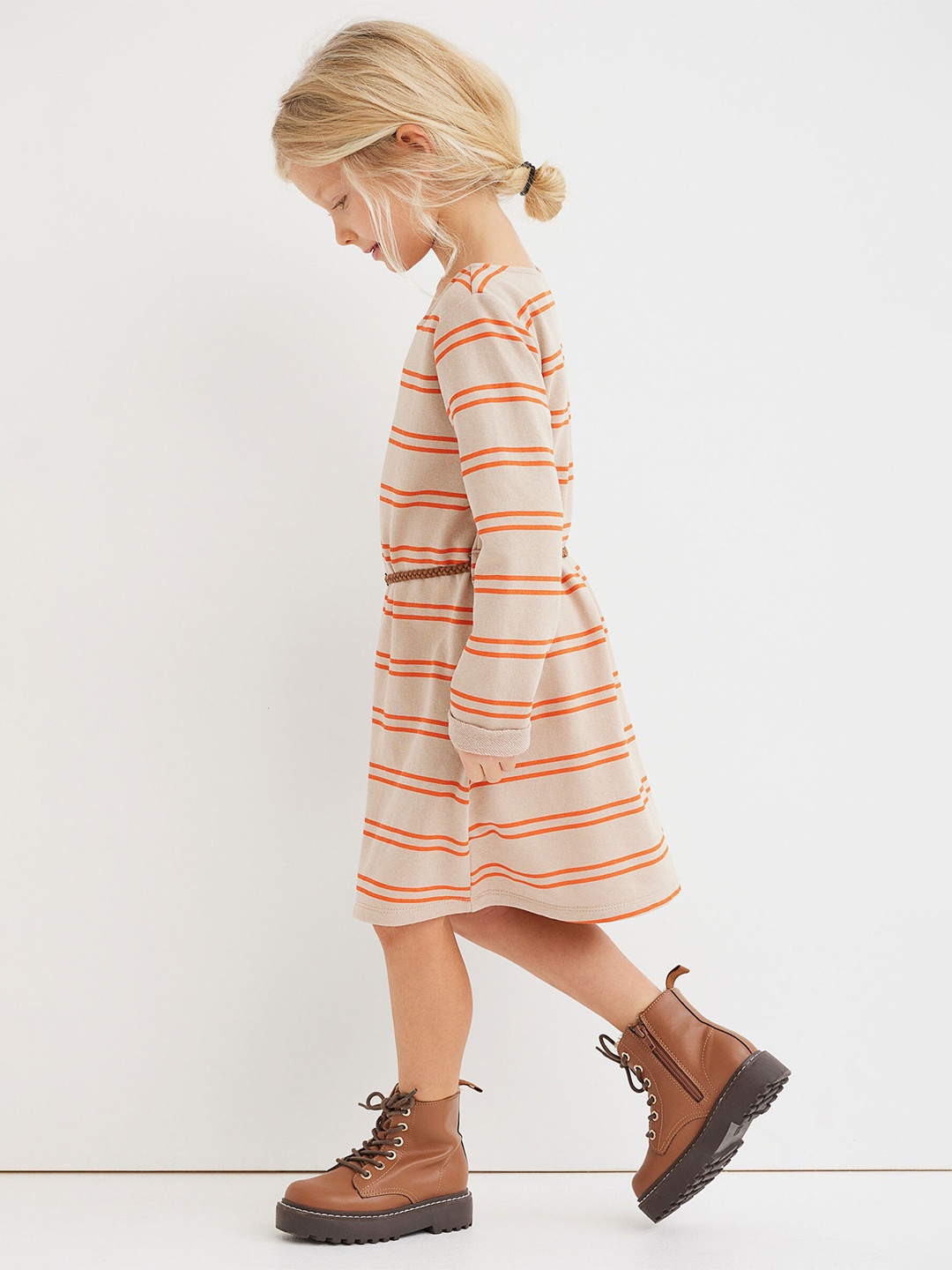 

H&M Girls Beige Striped Belted Sweatshirt Dress