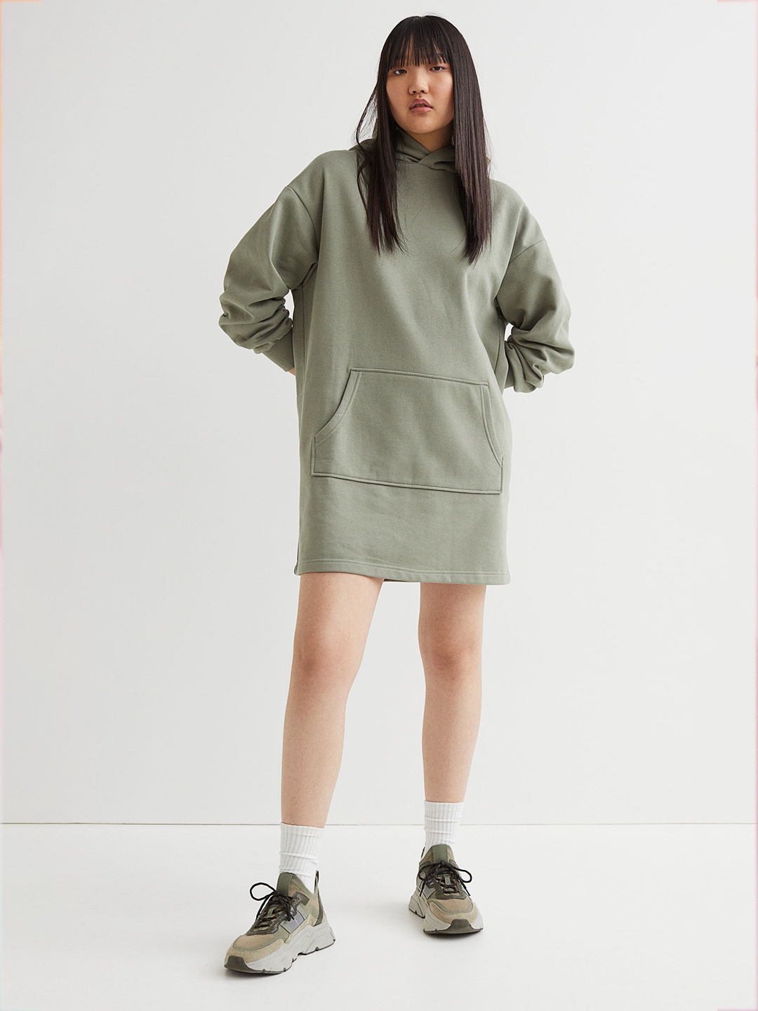 

H&M Women Sage Green Hooded Sweatshirt Dress