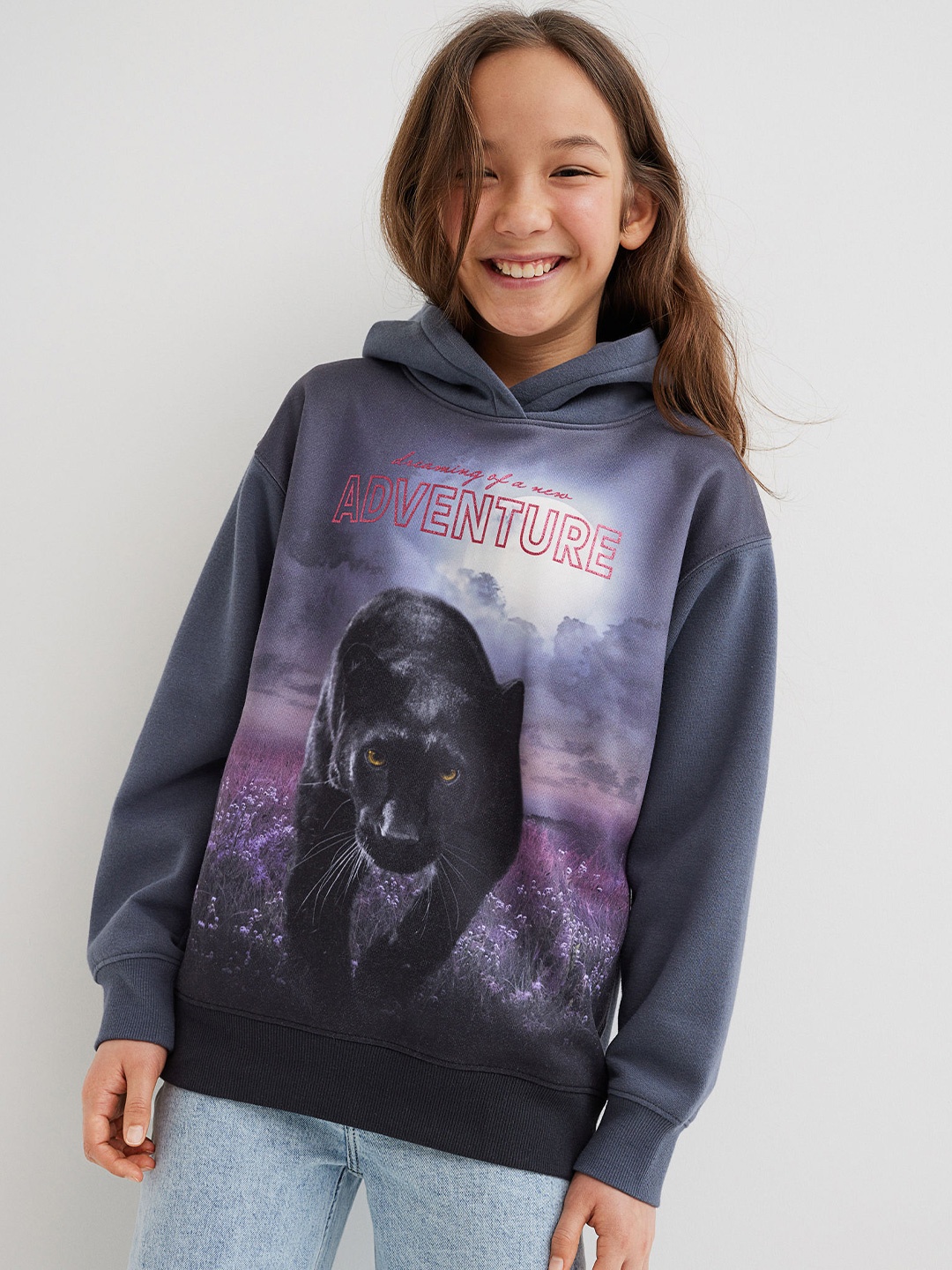 

H&M Girls Grey Printed Hoodie
