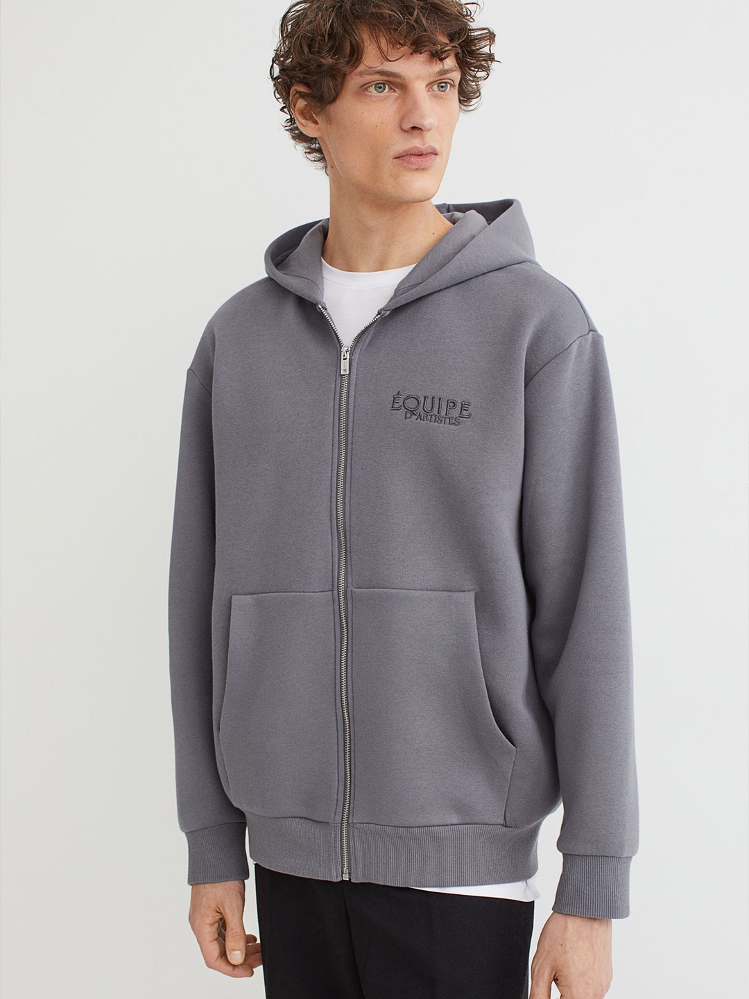 

H&M Men Grey Relaxed Fit Embroidery-Detail Zip-Through Hoodie