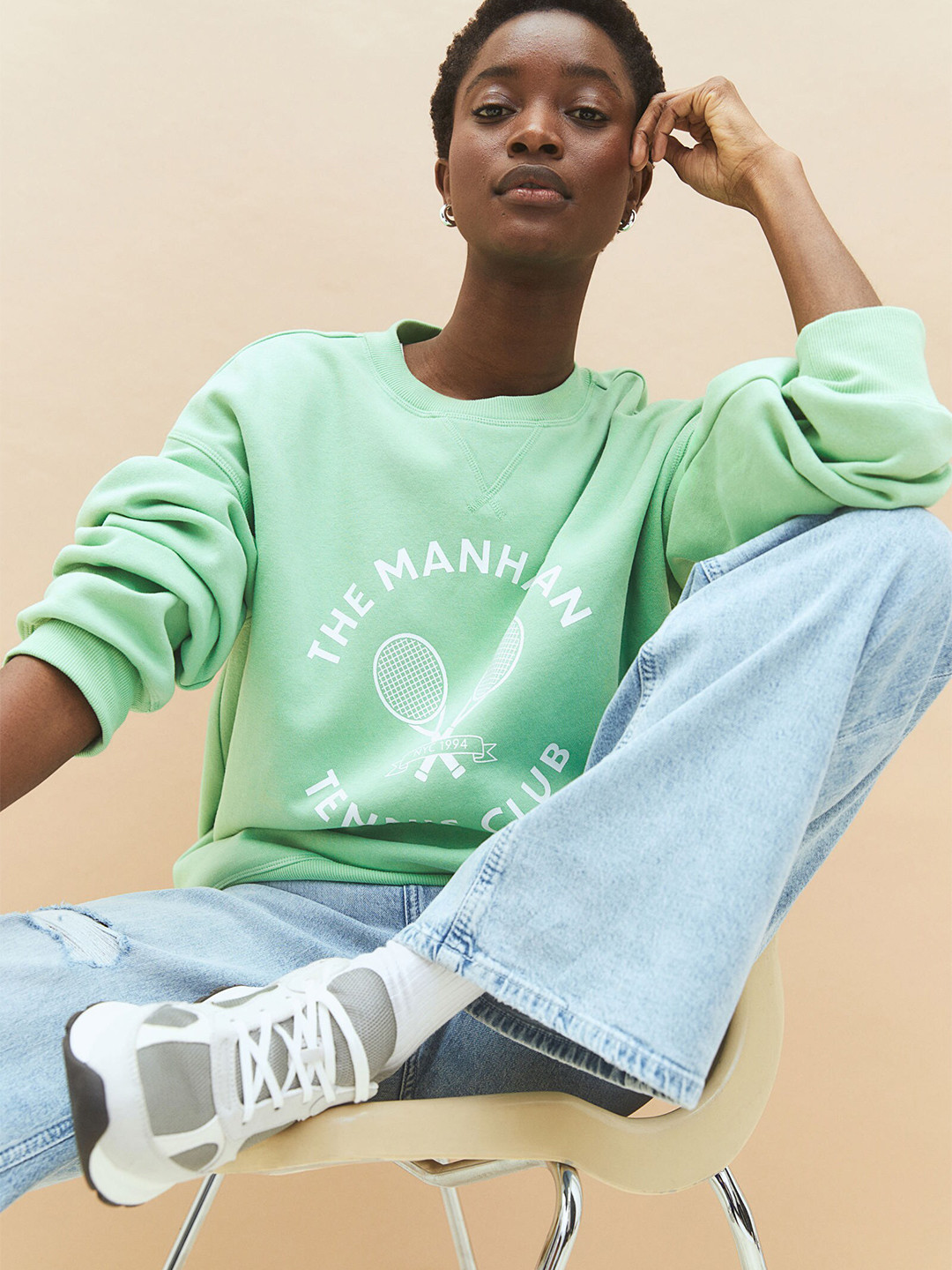 

H&M Women Mint Green & White Printed Sweatshirt