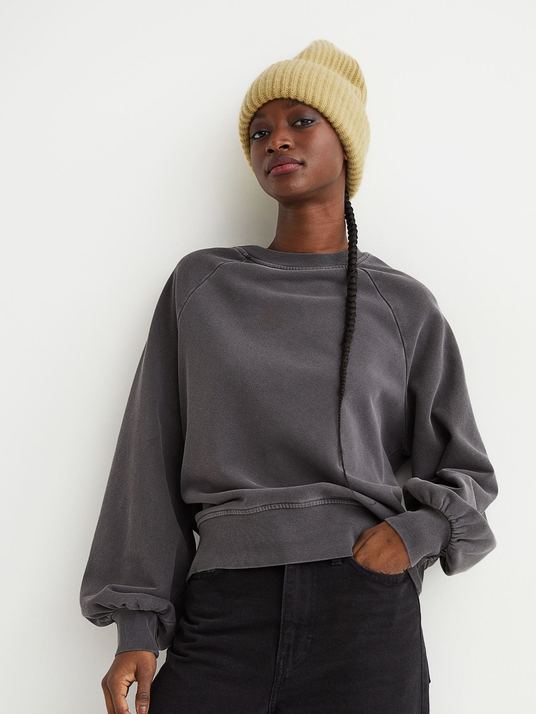 

H&M Women Grey Solid Raglan-Sleeved Top