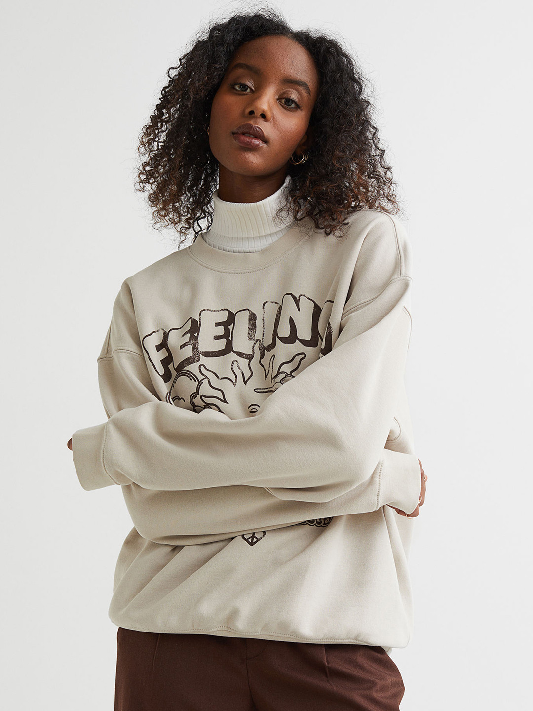 

H&M Women Beige Oversized Sweatshirt