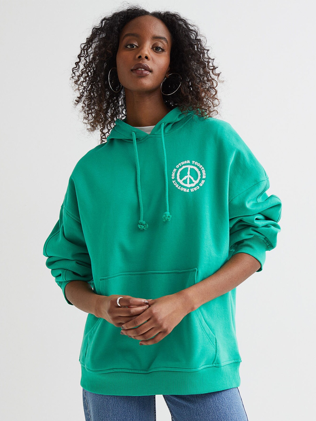

H&M Women Green & White Printed Oversized Hoodie