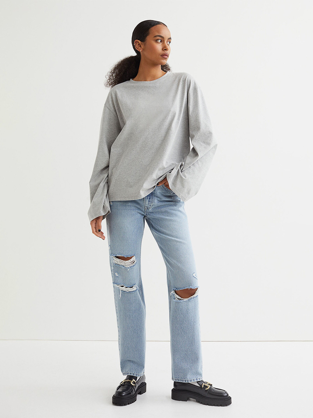 

H&M Women Grey Melange Solid Round Neck Long-Sleeved Top