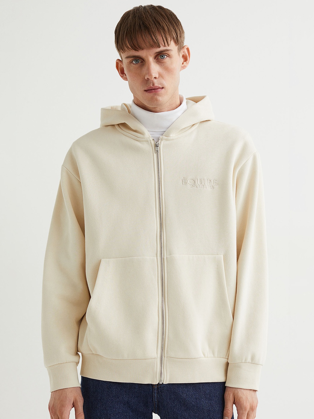

H&M Men White Relaxed Fit Embroidery-Detail Zip-Through Hoodie