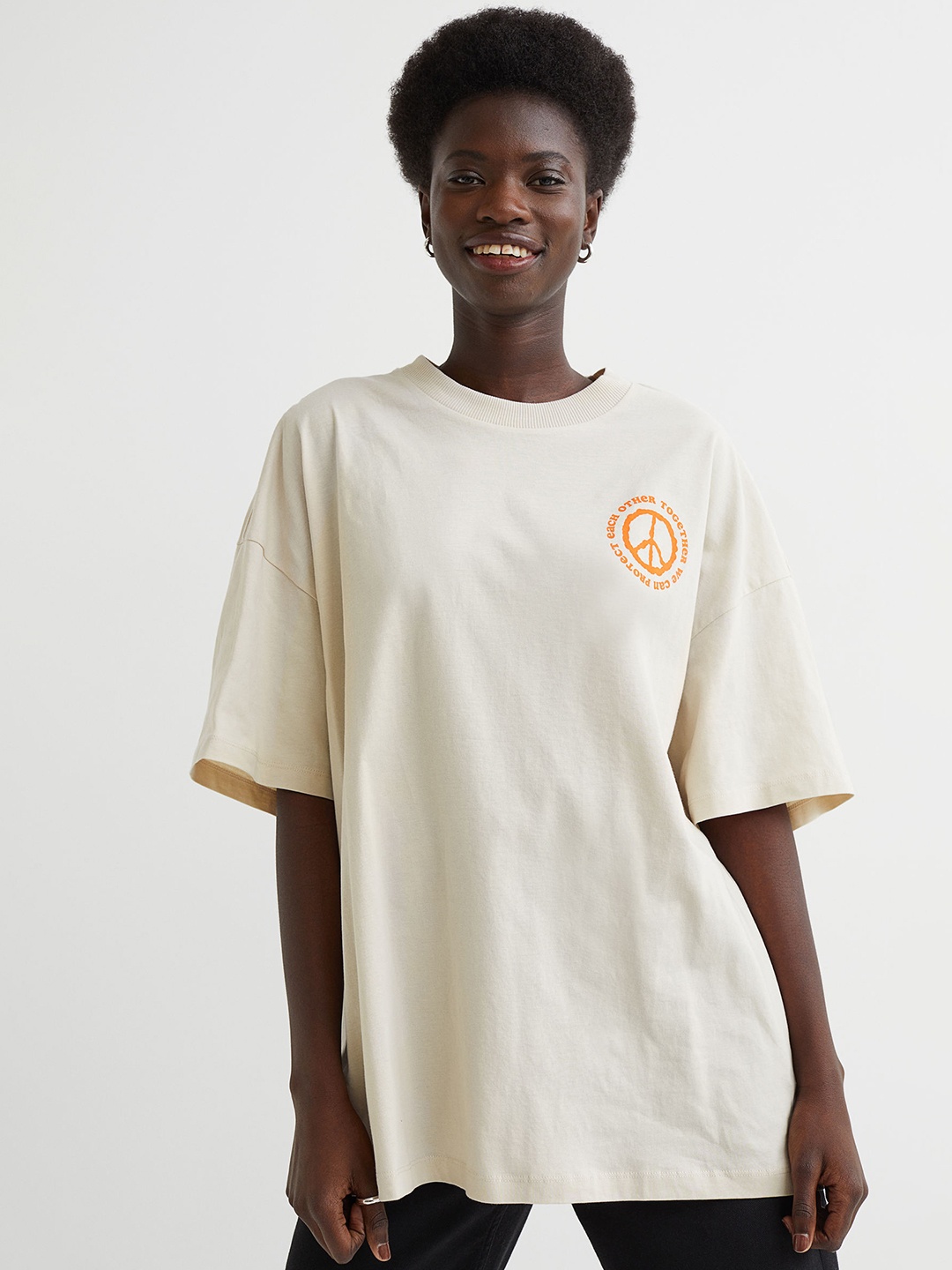 

H&M Women Beige Oversized Printed T-Shirt