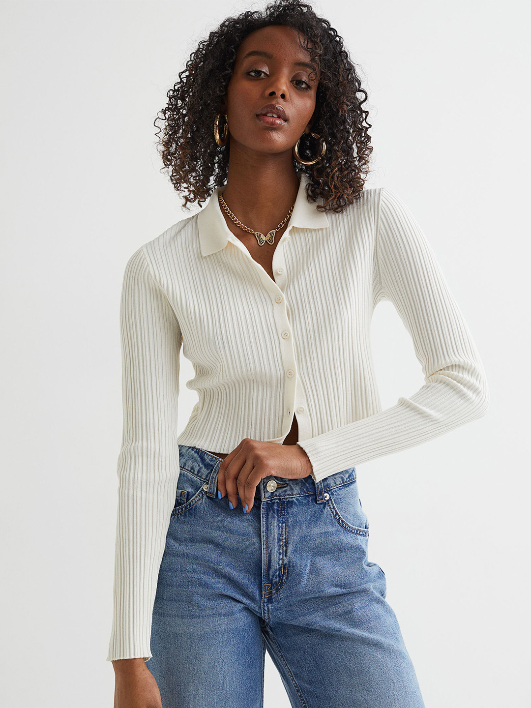 

H&M Women White Solid Rib-Knit Cardigan