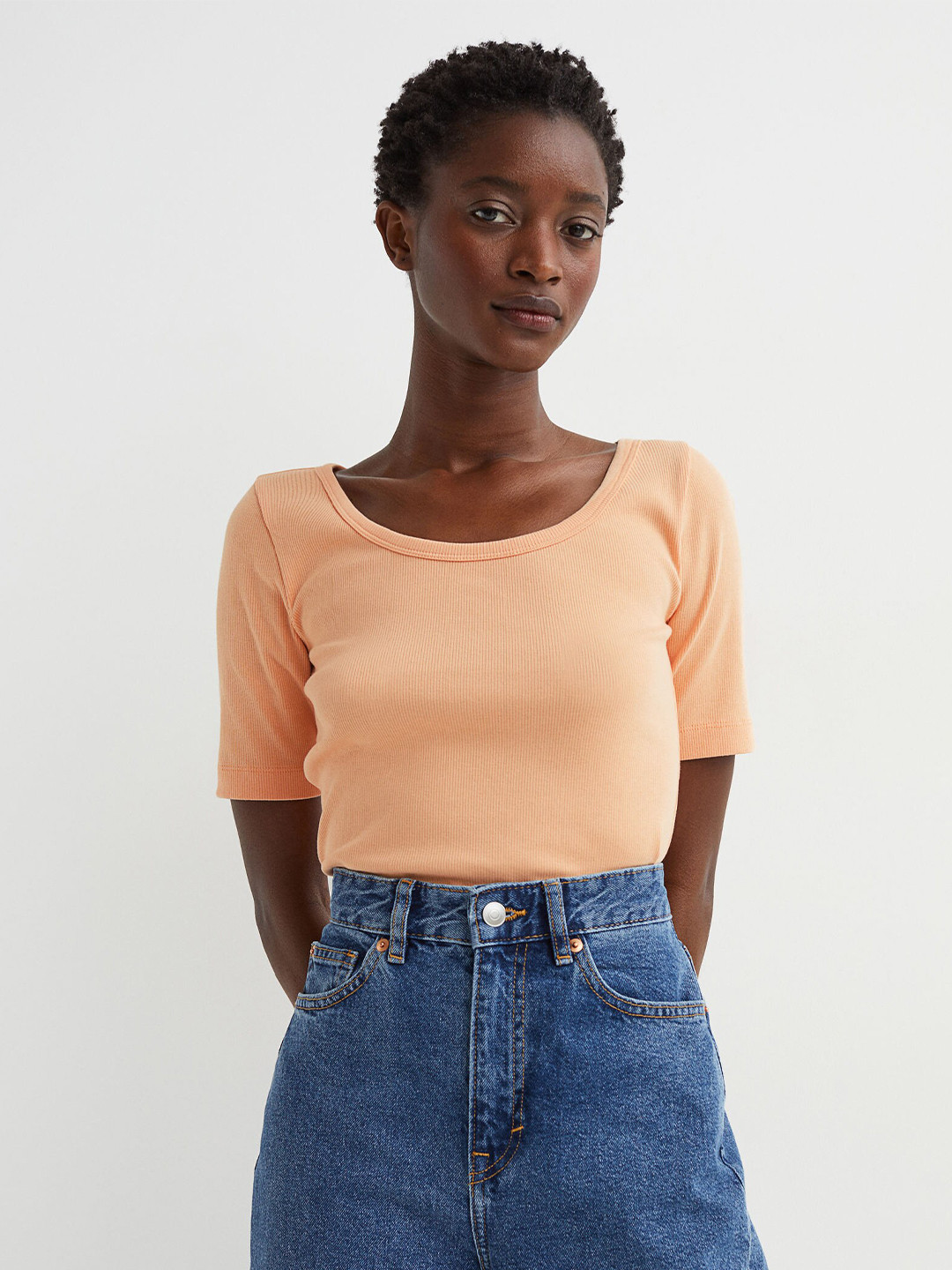 

H&M Women Orange Solid Ribbed Top