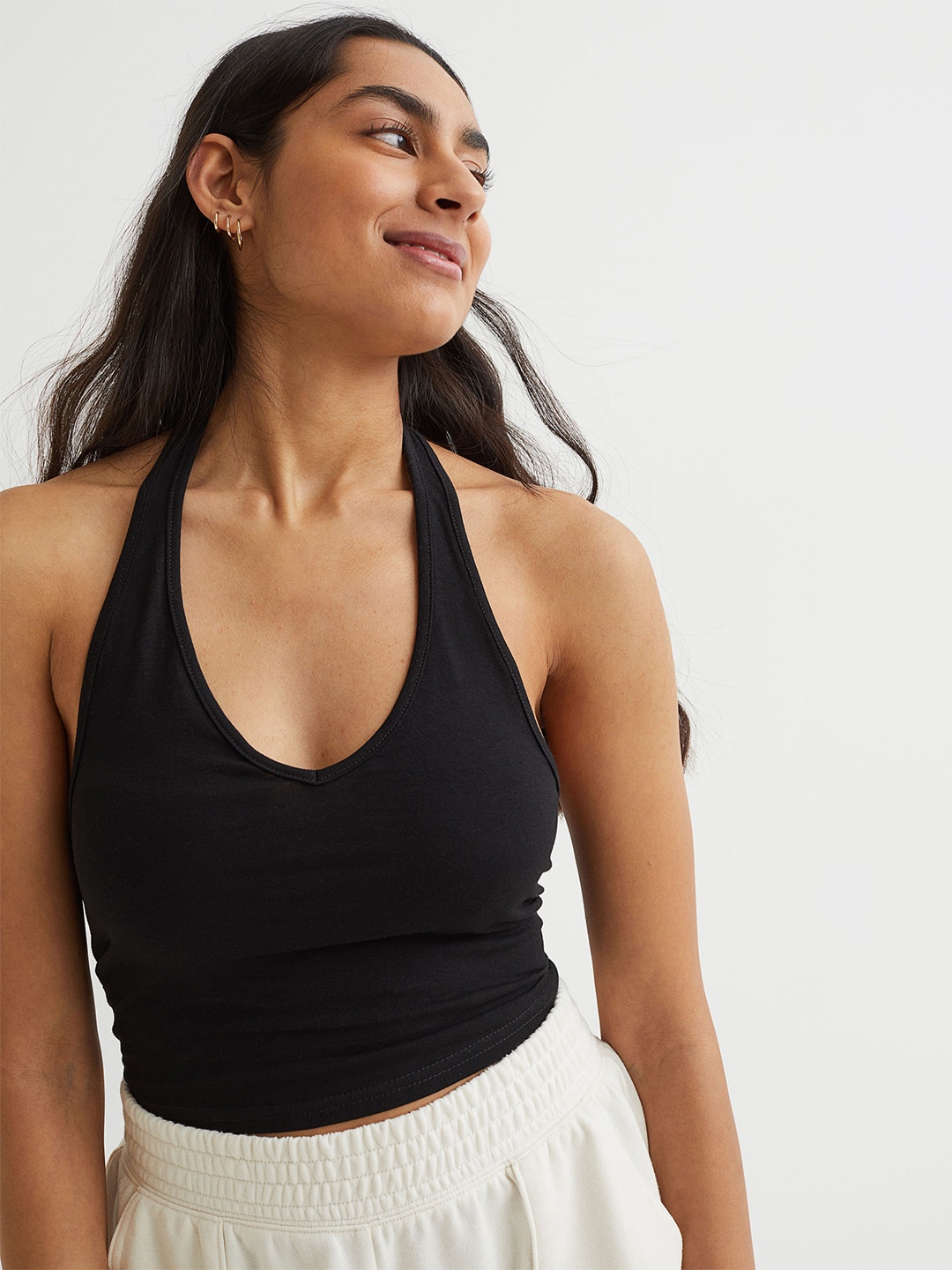 

H&M Women Black Halterneck V-neck Top