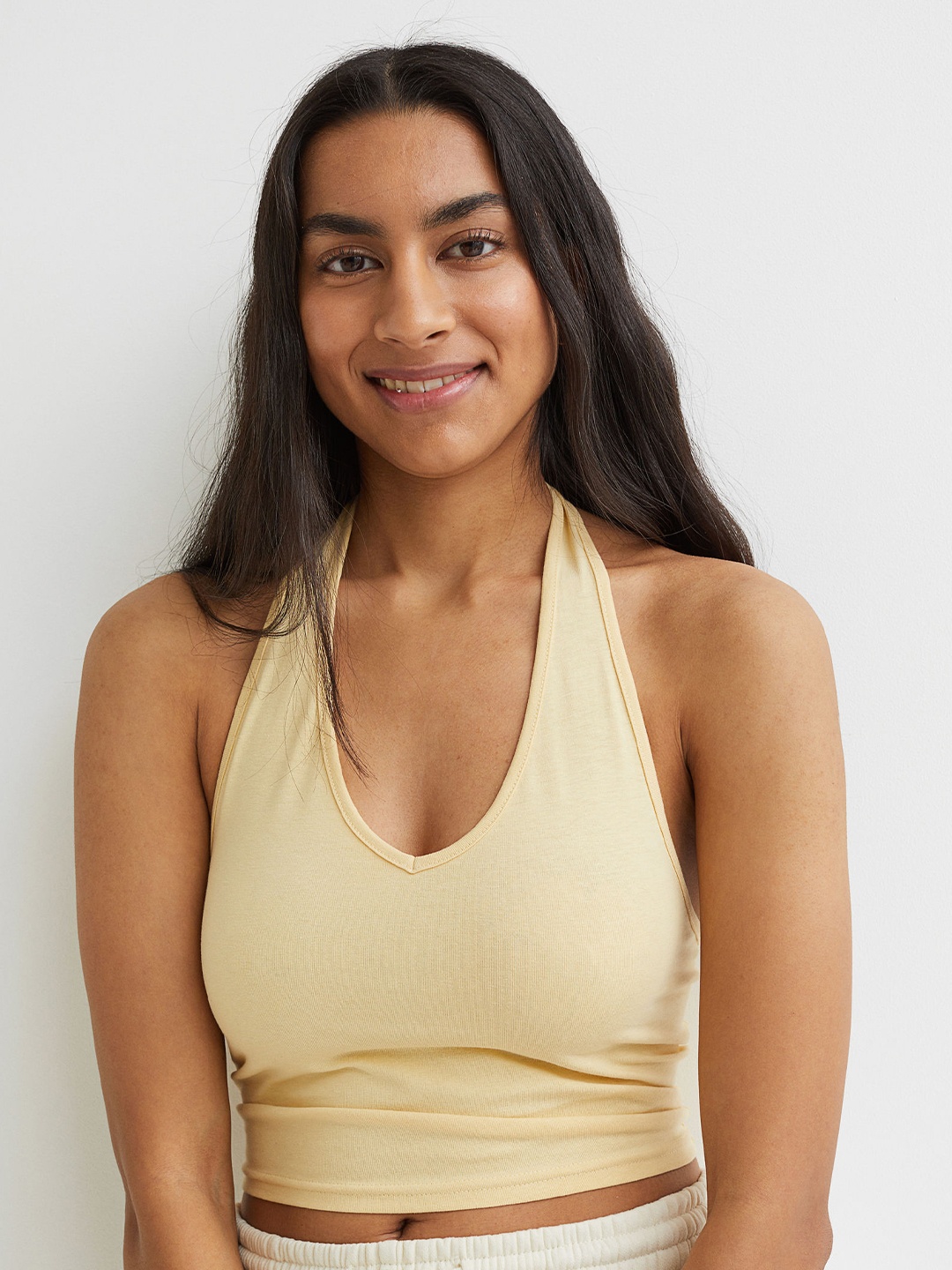 

H&M Women Yellow Solid Halterneck Top