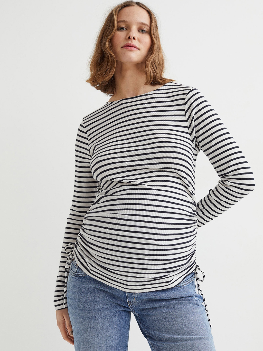 

H&M MAMA Ribbed Drawstring Cotton Top, White