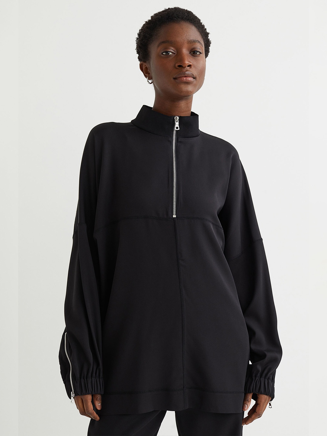 

H&M Women Black Solid Oversized Silk-Blend Blouse