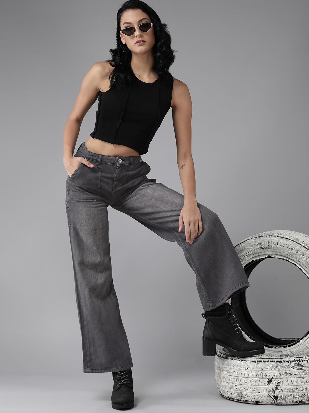 

Roadster Women Wide Leg High-Rise Stretchable Jeans, Grey