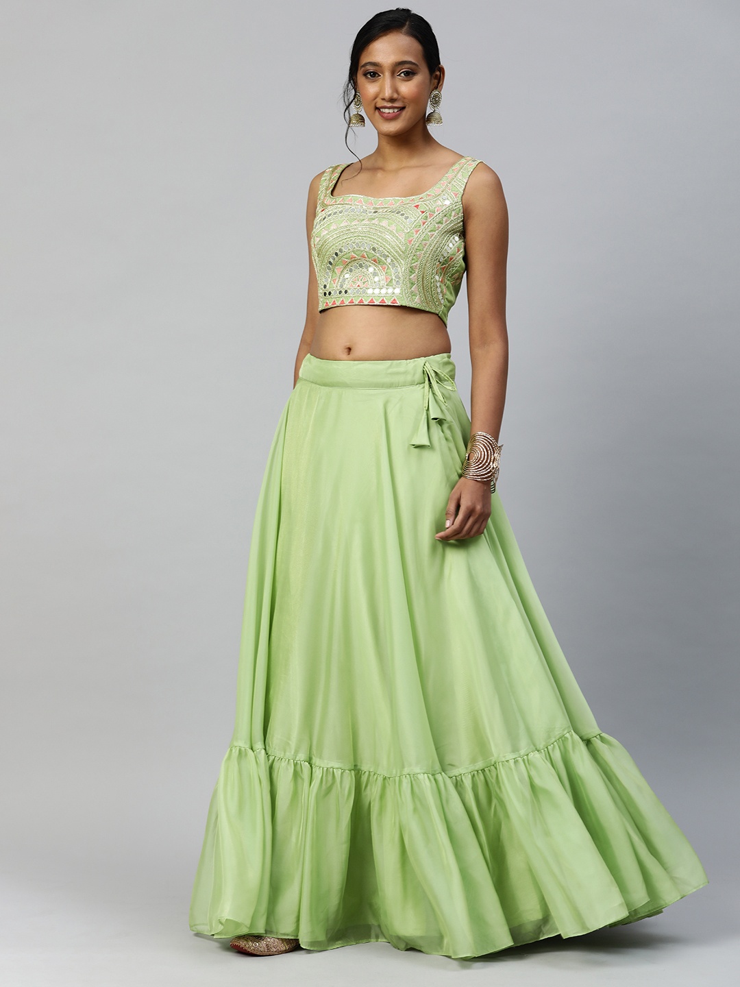 

flaher Women Pista Green Embroidered Zari Ruffles Ready to Wear Fusion Lehenga & Blouse