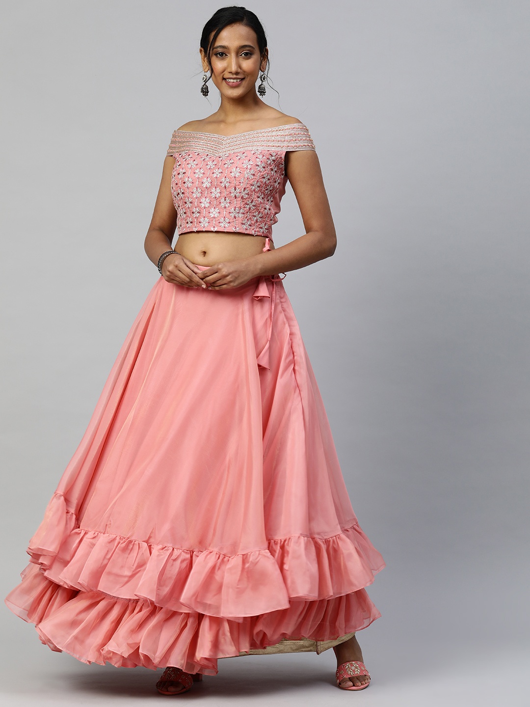 

flaher Pink & Peach-Coloured Embroidered Zardozi Ready to Wear Lehenga & Choli