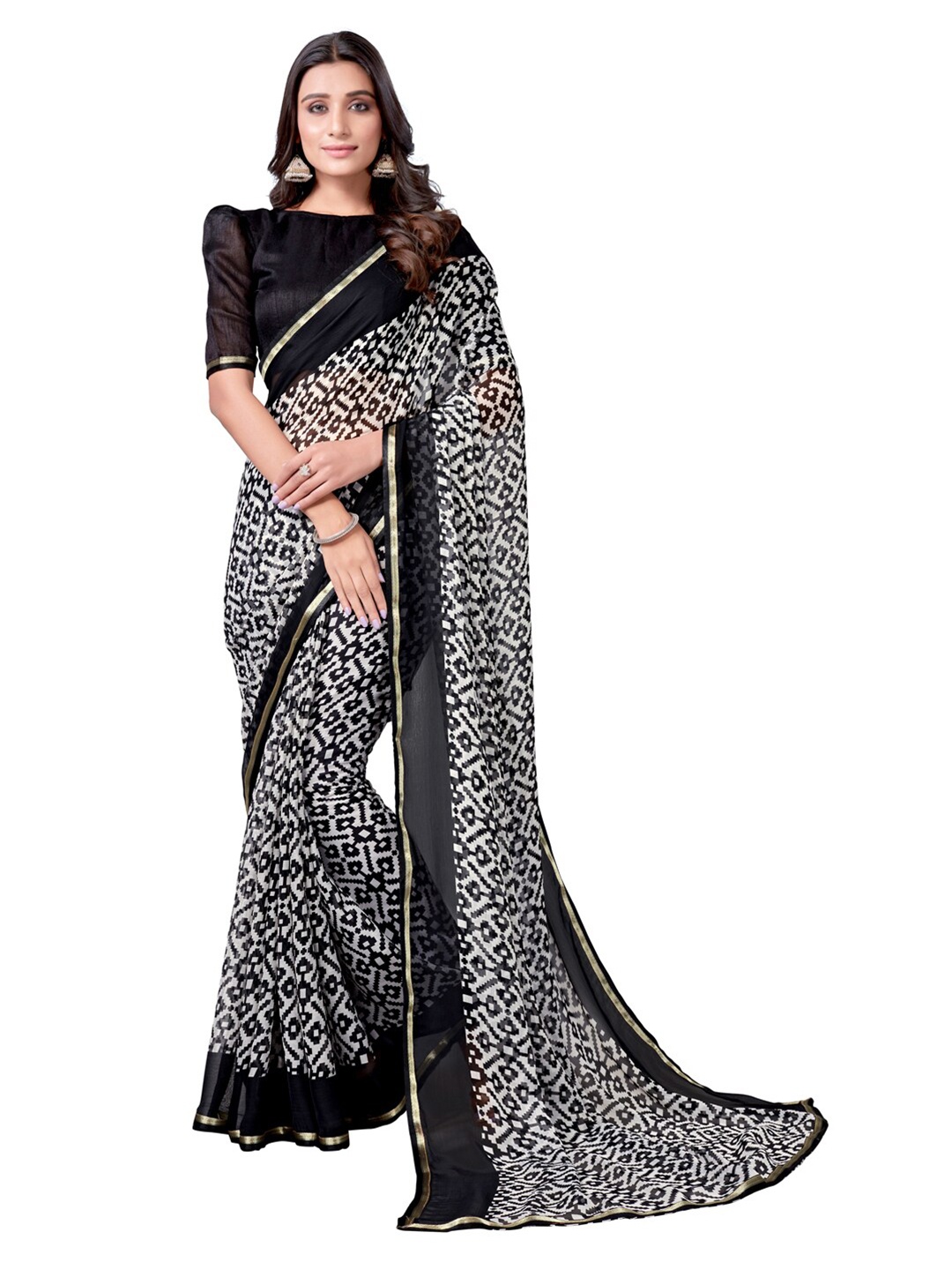 

KALINI Black & White Geometric Printed Saree