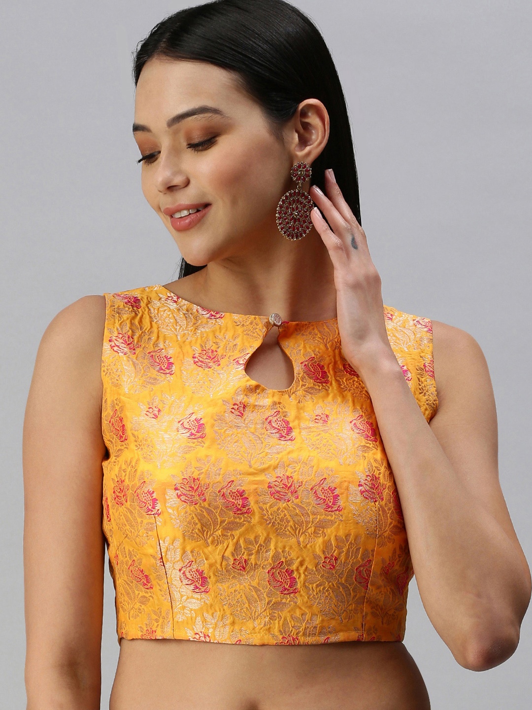

flaher Women Mustard Yellow & Golden Ethnic Motifs Woven Design Jacquard Padded Blouse