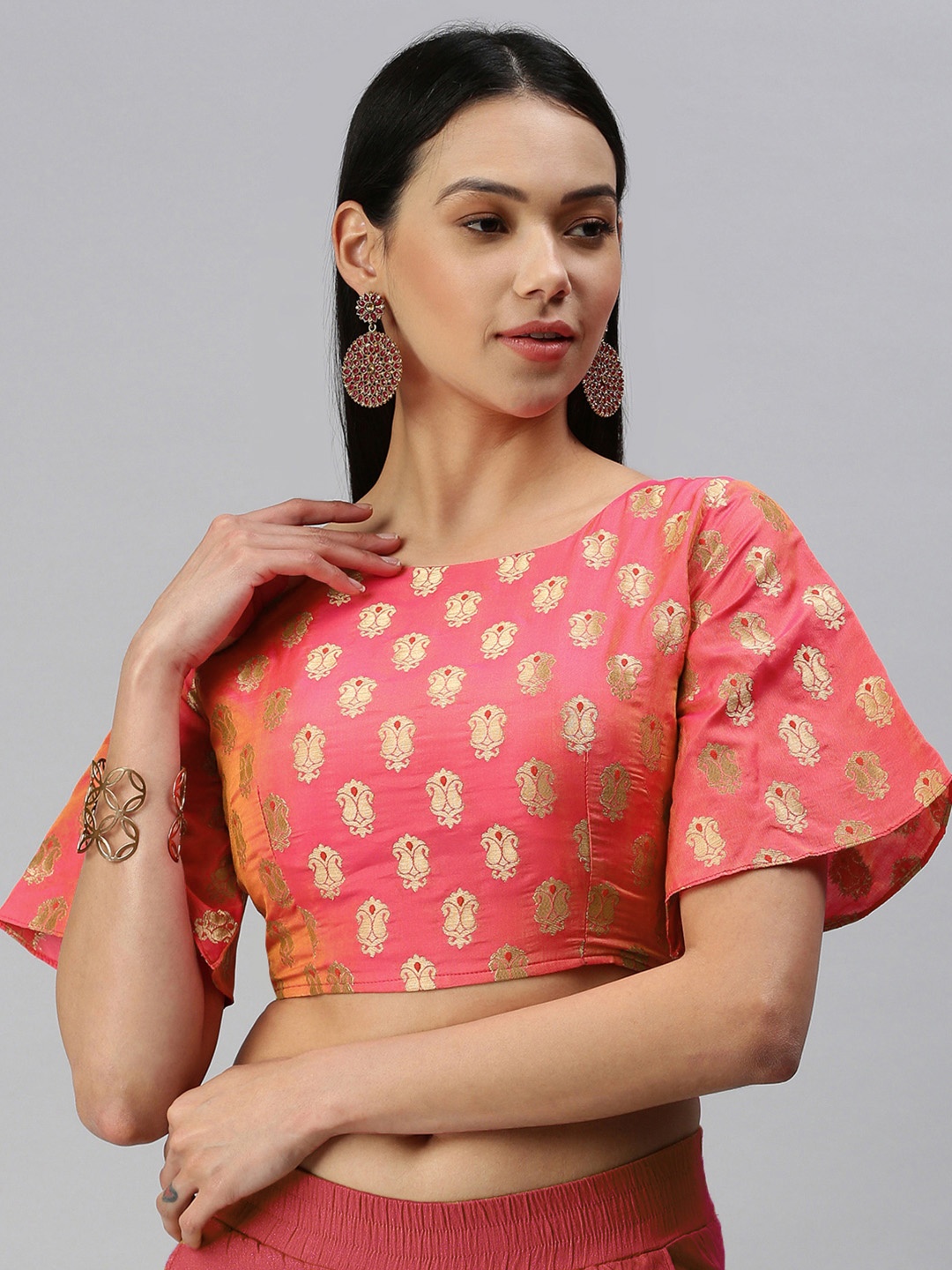 

flaher Women Pink & Golden Ethnic Motifs Woven Design Jacquard Padded Blouse