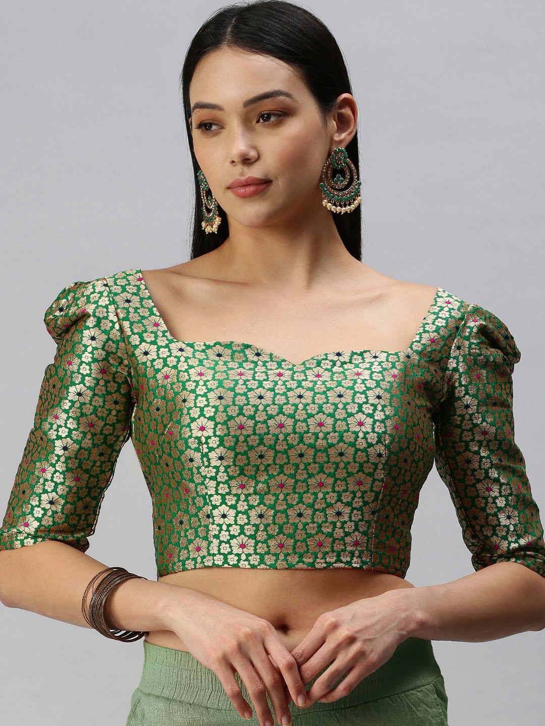 

flaher Women Green & Golden Ethnic Motif Woven Design Jacquard Padded Blouse