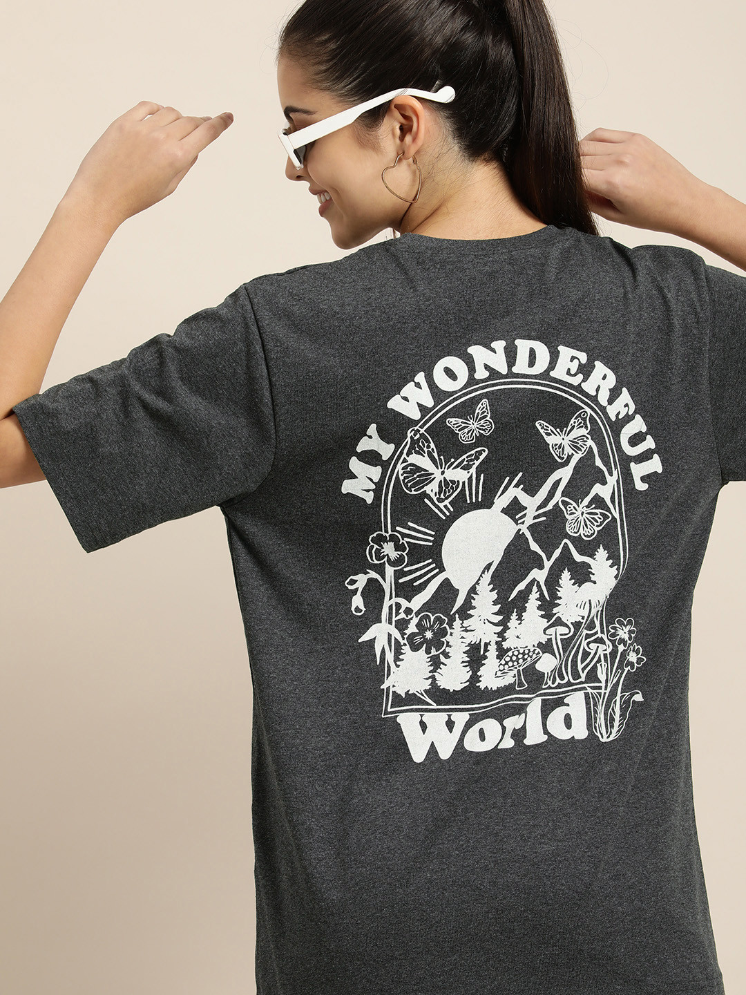 

DILLINGER Women Charcoal Grey & White Typography Pure Cotton Drop-Shoulder OversizedT-shirt