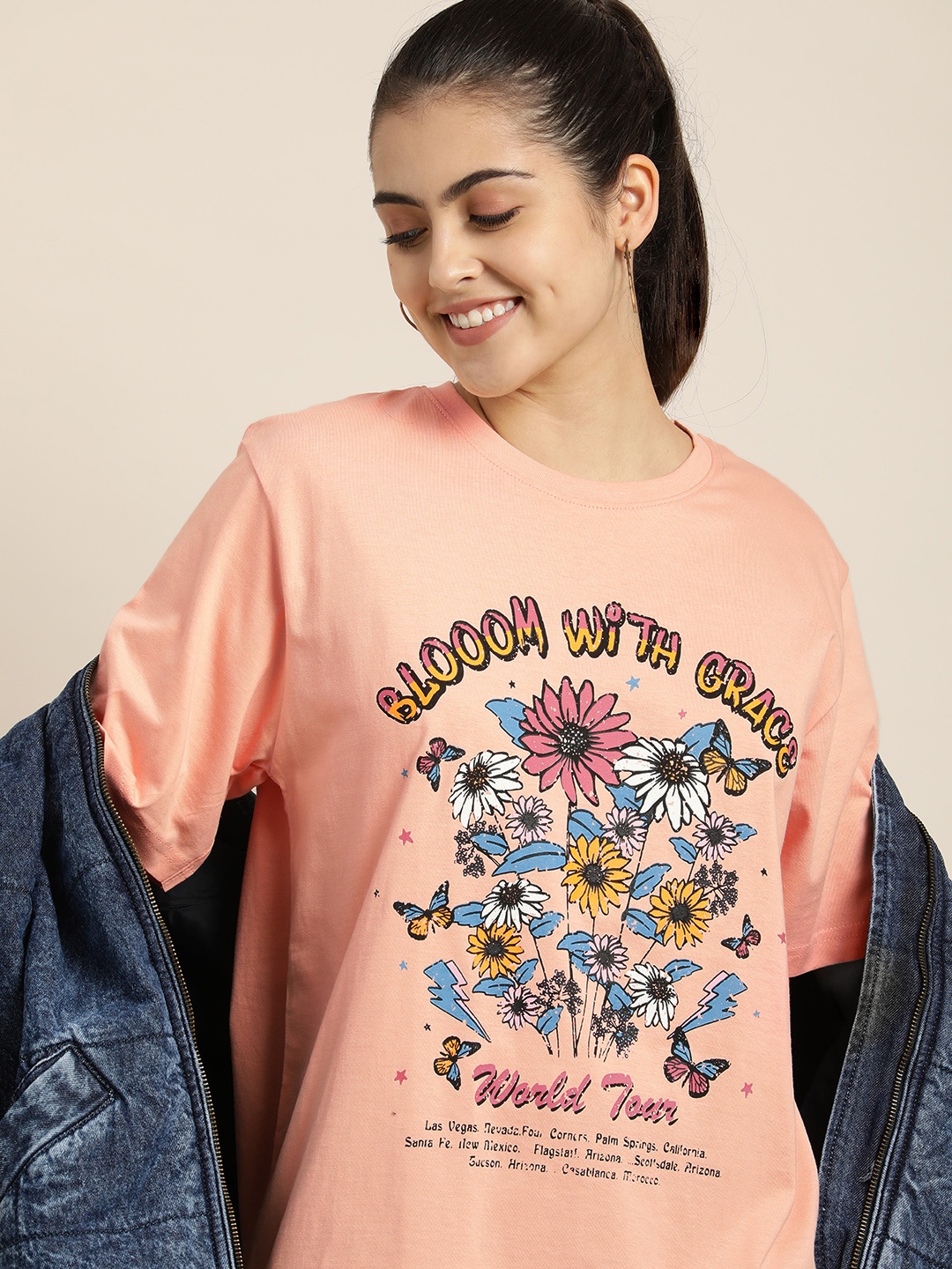 

DILLINGER Women Peach-Coloured Pure Cotton Drop-Shoulder Sleeves Loose T-shirt