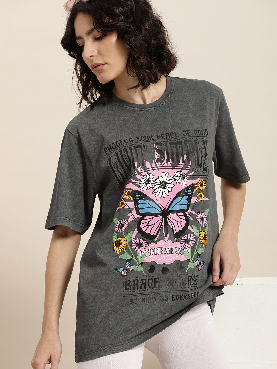 

DILLINGER Women Charcoal Grey & Pink Pure Cotton Arsenal Printed OversizedT-shirt