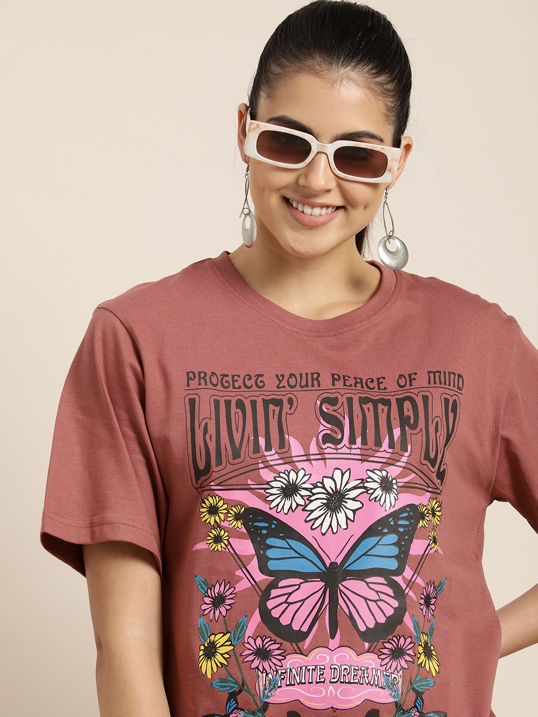

DILLINGER Women Rose Printed Pure Cotton OversizedGraphic Oversized T-Shirt